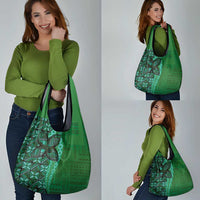 Samoan Pacific Tribal Flower Geometric Art Tattoos Grocery Bag Siapo Pattern Emerald Glow - Polynesian Pride
