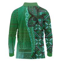 Samoan Pacific Tribal Flower Geometric Art Tattoos Long Sleeve Polo Shirt Siapo Pattern Emerald Glow - Polynesian Pride