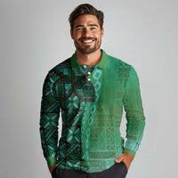 Samoan Pacific Tribal Flower Geometric Art Tattoos Long Sleeve Polo Shirt Siapo Pattern Emerald Glow - Polynesian Pride