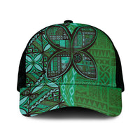 Samoan Pacific Tribal Flower Geometric Art Tattoos Mesh Trucker Cap Siapo Pattern Emerald Glow - Polynesian Pride