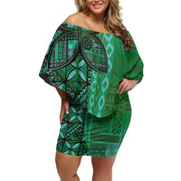 Samoan Pacific Tribal Flower Geometric Art Tattoos Off Shoulder Short Dress Siapo Pattern Emerald Glow - Polynesian Pride