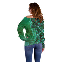 Samoan Pacific Tribal Flower Geometric Art Tattoos Off Shoulder Sweater Siapo Pattern Emerald Glow - Polynesian Pride
