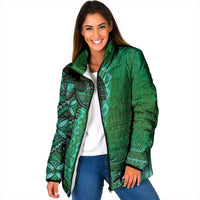 Samoan Pacific Tribal Flower Geometric Art Tattoos Padded Jacket Siapo Pattern Emerald Glow - Polynesian Pride