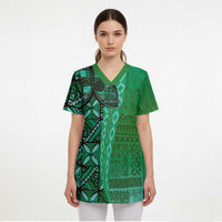 Samoan Pacific Tribal Flower Geometric Art Tattoos Scrub Top Siapo Pattern Emerald Glow - Polynesian Pride