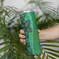 Samoan Pacific Tribal Flower Geometric Art Tattoos Skinny Tumbler Siapo Pattern Emerald Glow - Polynesian Pride