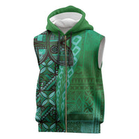 Samoan Pacific Tribal Flower Geometric Art Tattoos Sleeveless Zip Hoodie Siapo Pattern Emerald Glow - Polynesian Pride