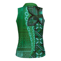 Samoan Pacific Tribal Flower Geometric Art Tattoos Women Sleeveless Polo Shirt Siapo Pattern Emerald Glow - Polynesian Pride