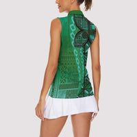 Samoan Pacific Tribal Flower Geometric Art Tattoos Women Sleeveless Polo Shirt Siapo Pattern Emerald Glow - Polynesian Pride