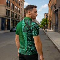 Samoan Pacific Tribal Flower Geometric Art Tattoos Zipper Polo Shirt Siapo Pattern Emerald Glow - Polynesian Pride