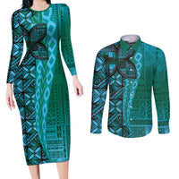 Samoan Pacific Tribal Flower Geometric Art Tattoos Couples Matching Long Sleeve Bodycon Dress and Long Sleeve Button Shirt Siapo Pattern Turquoise Tide - Polynesian Pride