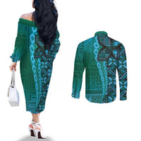 Samoan Pacific Tribal Flower Geometric Art Tattoos Couples Matching Off The Shoulder Long Sleeve Dress and Long Sleeve Button Shirt Siapo Pattern Turquoise Tide LT03 - Polynesian Pride