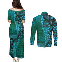 Samoan Pacific Tribal Flower Geometric Art Tattoos Couples Matching Puletasi and Long Sleeve Button Shirt Siapo Pattern Turquoise Tide LT03 - Polynesian Pride