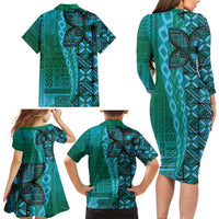 Samoan Pacific Tribal Flower Geometric Art Tattoos Family Matching Long Sleeve Bodycon Dress and Hawaiian Shirt Siapo Pattern Turquoise Tide - Polynesian Pride