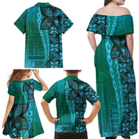 Samoan Pacific Tribal Flower Geometric Art Tattoos Family Matching Off Shoulder Maxi Dress and Hawaiian Shirt Siapo Pattern Turquoise Tide - Polynesian Pride