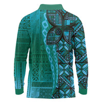 Samoan Pacific Tribal Flower Geometric Art Tattoos Long Sleeve Polo Shirt Siapo Pattern Turquoise Tide - Polynesian Pride