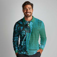 Samoan Pacific Tribal Flower Geometric Art Tattoos Long Sleeve Polo Shirt Siapo Pattern Turquoise Tide - Polynesian Pride