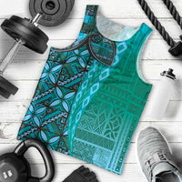 Samoan Pacific Tribal Flower Geometric Art Tattoos Men Tank Top Siapo Pattern Turquoise Tide - Polynesian Pride