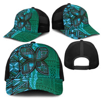 Samoan Pacific Tribal Flower Geometric Art Tattoos Mesh Trucker Cap Siapo Pattern Turquoise Tide - Polynesian Pride