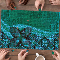 Samoan Pacific Tribal Flower Geometric Art Tattoos Puzzle Siapo Pattern Turquoise Tide - Polynesian Pride