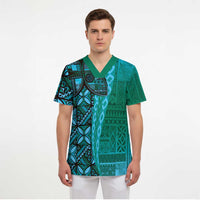 Samoan Pacific Tribal Flower Geometric Art Tattoos Scrub Top Siapo Pattern Turquoise Tide - Polynesian Pride