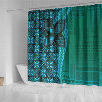 Samoan Pacific Tribal Flower Geometric Art Tattoos Shower Curtain Siapo Pattern Turquoise Tide - Polynesian Pride