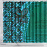 Samoan Pacific Tribal Flower Geometric Art Tattoos Shower Curtain Siapo Pattern Turquoise Tide - Polynesian Pride