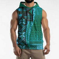 Samoan Pacific Tribal Flower Geometric Art Tattoos Sleeveless Hoodie Siapo Pattern Turquoise Tide - Polynesian Pride