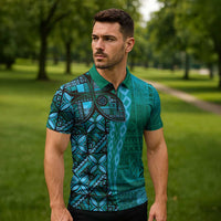 Samoan Pacific Tribal Flower Geometric Art Tattoos Zipper Polo Shirt Siapo Pattern Turquoise Tide - Polynesian Pride