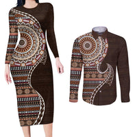 Fijian Masi Tribal Tattoos Art Pattern Couples Matching Long Sleeve Bodycon Dress and Long Sleeve Button Shirt Brown Color Half Style - Polynesian Pride