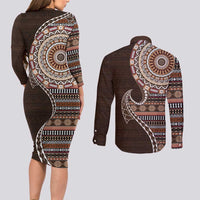 Fijian Masi Tribal Tattoos Art Pattern Couples Matching Long Sleeve Bodycon Dress and Long Sleeve Button Shirt Brown Color Half Style - Polynesian Pride