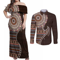Fijian Masi Tribal Tattoos Art Pattern Couples Matching Off Shoulder Maxi Dress and Long Sleeve Button Shirt Brown Color Half Style - Polynesian Pride