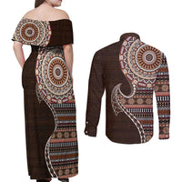 Fijian Masi Tribal Tattoos Art Pattern Couples Matching Off Shoulder Maxi Dress and Long Sleeve Button Shirt Brown Color Half Style - Polynesian Pride