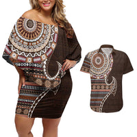 Fijian Masi Tribal Tattoos Art Pattern Couples Matching Off Shoulder Short Dress and Hawaiian Shirt Brown Color Half Style - Polynesian Pride