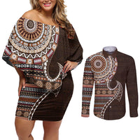 Fijian Masi Tribal Tattoos Art Pattern Couples Matching Off Shoulder Short Dress and Long Sleeve Button Shirt Brown Color Half Style - Polynesian Pride