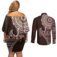 Fijian Masi Tribal Tattoos Art Pattern Couples Matching Off Shoulder Short Dress and Long Sleeve Button Shirt Brown Color Half Style - Polynesian Pride