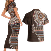 Fijian Masi Tribal Tattoos Art Pattern Couples Matching Short Sleeve Bodycon Dress and Hawaiian Shirt Brown Color Half Style - Polynesian Pride