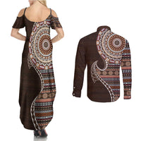 Fijian Masi Tribal Tattoos Art Pattern Couples Matching Summer Maxi Dress and Long Sleeve Button Shirt Brown Color Half Style - Polynesian Pride