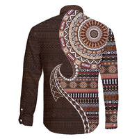Fijian Masi Tribal Tattoos Art Pattern Family Matching Long Sleeve Bodycon Dress and Hawaiian Shirt Brown Color Half Style - Polynesian Pride