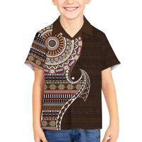 Fijian Masi Tribal Tattoos Art Pattern Family Matching Long Sleeve Bodycon Dress and Hawaiian Shirt Brown Color Half Style - Polynesian Pride