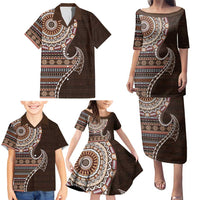 Fijian Masi Tribal Tattoos Art Pattern Family Matching Puletasi and Hawaiian Shirt Brown Color Half Style - Polynesian Pride