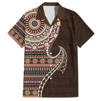 Fijian Masi Tribal Tattoos Art Pattern Family Matching Short Sleeve Bodycon Dress and Hawaiian Shirt Brown Color Half Style - Polynesian Pride