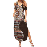 Fijian Masi Tribal Tattoos Art Pattern Family Matching Summer Maxi Dress and Hawaiian Shirt Brown Color Half Style - Polynesian Pride