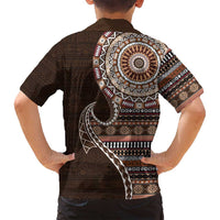 Fijian Masi Tribal Tattoos Art Pattern Family Matching Tank Maxi Dress and Hawaiian Shirt Brown Color Half Style - Polynesian Pride