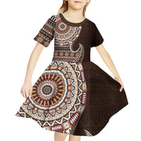 Fijian Masi Tribal Tattoos Art Pattern Kid Short Sleeve Dress Brown Color Half Style - Polynesian Pride