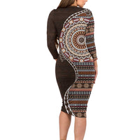 Fijian Masi Tribal Tattoos Art Pattern Long Sleeve Bodycon Dress Brown Color Half Style - Polynesian Pride