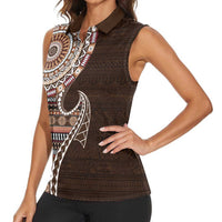 Fijian Masi Tribal Tattoos Art Pattern Women Sleeveless Polo Shirt Brown Color Half Style - Polynesian Pride