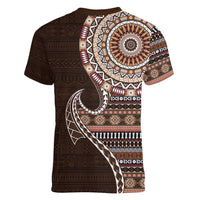 Fijian Masi Tribal Tattoos Art Pattern Women V-Neck T-Shirt Brown Color Half Style - Polynesian Pride