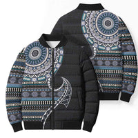Fijian Masi Tribal Tattoos Art Pattern Bomber Puffer Jacket Navy Color Half Style - Polynesian Pride