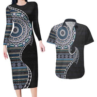 Fijian Masi Tribal Tattoos Art Pattern Couples Matching Long Sleeve Bodycon Dress and Hawaiian Shirt Navy Color Half Style - Polynesian Pride