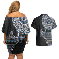 Fijian Masi Tribal Tattoos Art Pattern Couples Matching Off Shoulder Short Dress and Hawaiian Shirt Navy Color Half Style - Polynesian Pride